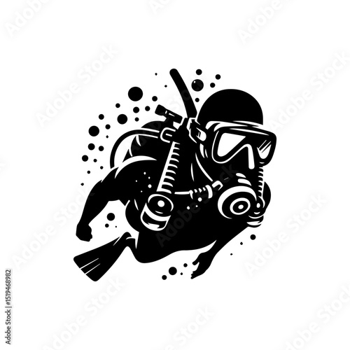 Strong minimalist scuba diver silhouette logo with snorkeling gear and circular bubble formations
