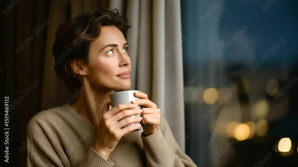 A reflective woman gazing out a window in her apartment