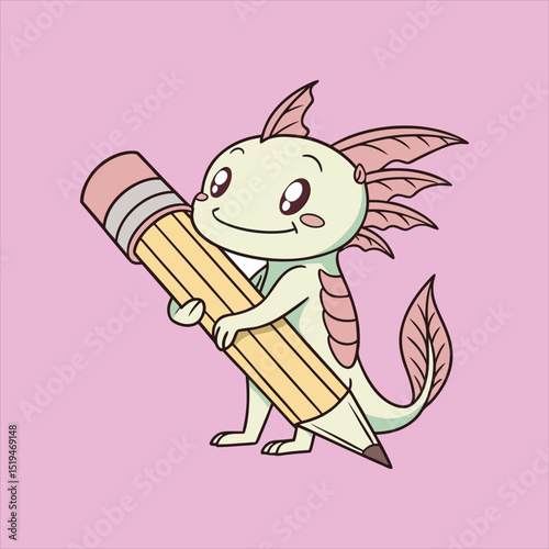 Axolotl holding pencil cartoon vector illustration