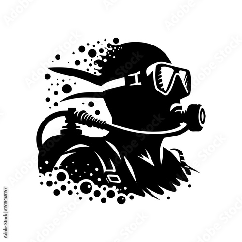 Strong minimalist scuba diver silhouette logo with snorkeling gear and circular bubble formations