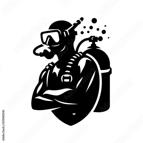 Strong minimalist scuba diver silhouette logo with snorkeling gear and circular bubble formations