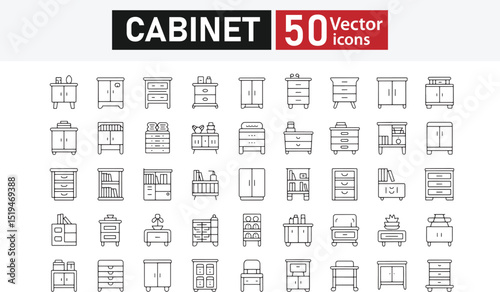 Collection of 50 line icons related to cabinet, cupboards, interiors, storage, archives, shelves, and closets. Vector illustration.