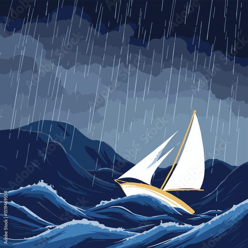 Sailboat in Moonlit Stormy Night

