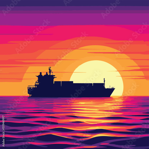 Container Ship Silhouetted by Orange Sky

