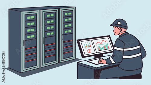 IT specialist monitors server racks and analyzes system dashboards in a modern data center control room with flat cartoon blue tone.