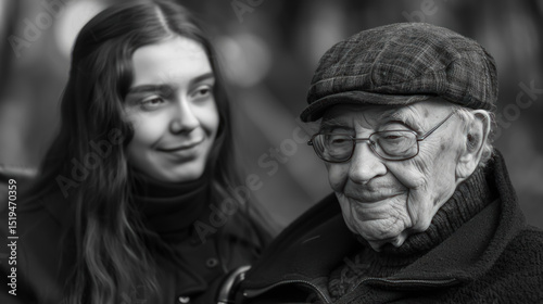 Black and white portrait of a teenage girl and elderly man sharing a tender smile. A touching representation of intergenerational connection.