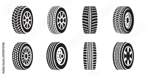 A set of black and white vector icons depicting various tire and wheel designs.