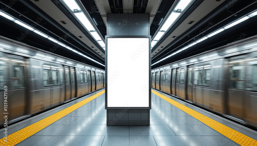 Fototapeta premium Blank advertising billboard in a subway station with moving trains and modern design