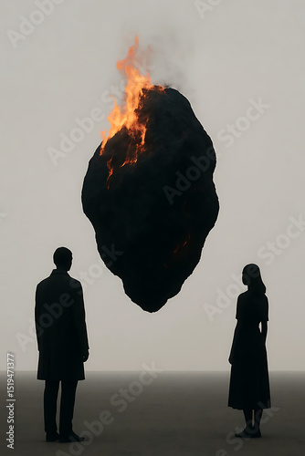 Conceptual art of a floating burning rock between two human silhouettes