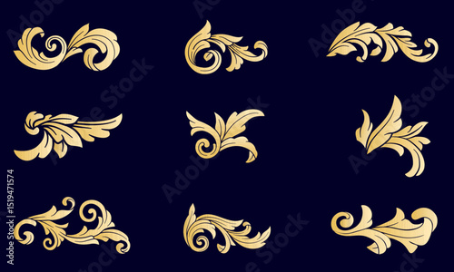 Set of gold vintage ornament baroque, Luxury art deco border frame. Golden ornate vector elements collection.