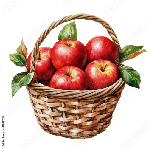 Basket Filled Fresh Apples, watercolor painting vector, high quality, isolated on a white background.