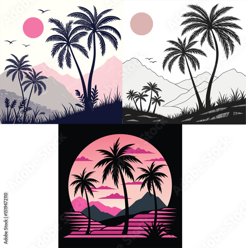 Sun and palm tree vector art 