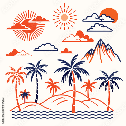 Sun and palm tree vector art 