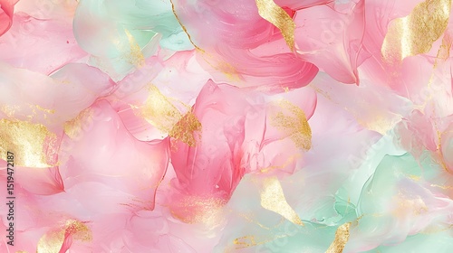 Soft pastel pink and mint smears with hints of gold, blending together in a fluid, painterly pattern that suggests abstract flowers in bloom.