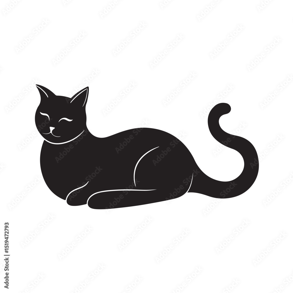 Fototapeta premium Elegant Black Cat Resting Peacefully with Curled Tail and Eyes Closed