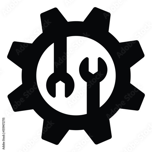 Two wrenches in cogwheel gear solid icon, repair service concept. Vector graphics. Mechanic tools, custom settings sign on white background, style mobile or design.