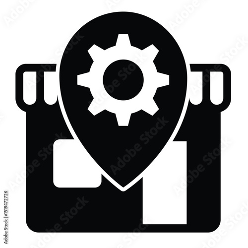 Shop with cogwheel gear on location pin solid icon, repair service concept. Vector graphics. Workshop house sign on white background, style mobile or design.
