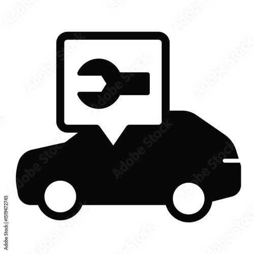 Car vehicle with wrench popup window solid icon, repair service concept. Vector graphics. Automobile mechanic message sign on white background, style mobile or design.