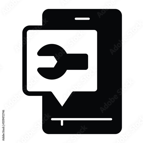 Smartphone with wrench popup window solid icon, repair service concept. Vector graphics. Phone with repairman message sign on white background, style mobile or design.