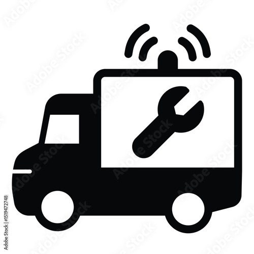 Truck with siren and wrench solid icon, repair service concept. Vector graphics. Repair man emergency truck sign on white background, style mobile or design.