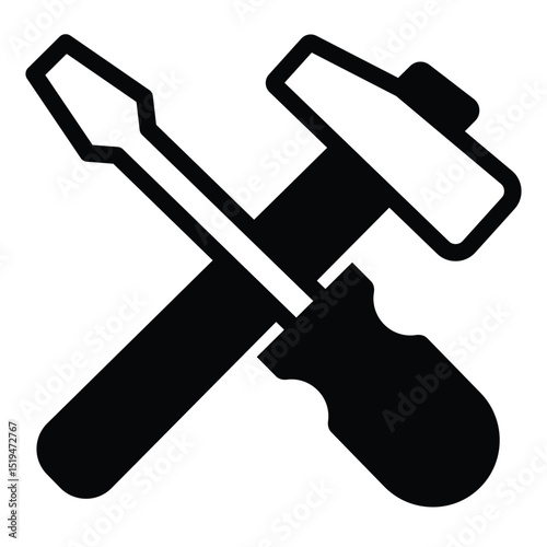 Screwdriver and hammer solid icon, repair service concept. Vector graphics. Repair tools sign on white background, style mobile or design.
