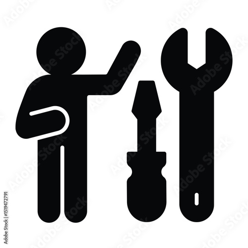 Wrench on safety emblem solid icon, repair service concept. Vector graphics. Shield with wrench, engineering sign on white background, style mobile or design.