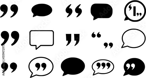Set of quote mark. Quotes icon vector set. Quotemarks outline, speech marks, inverted commas or talking marks collection. Talk bubble speech icon. Black quotes icon. Vector illustration