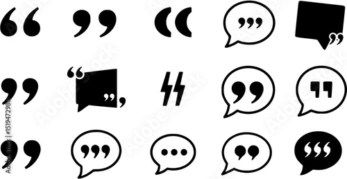 Set of quote mark. Quotes icon vector set. Quotemarks outline, speech marks, inverted commas or talking marks collection. Talk bubble speech icon. Black quotes icon. Vector illustration