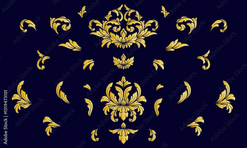 Set gold damask baroque ornament with swirl scroll art deco element. Luxury Arabesque Ornamental Set gold damask baroque ornament with swirl scroll art deco element. Luxury Arabesque Ornamental