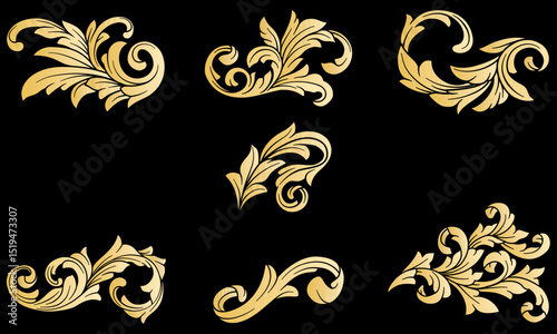 Set Of Gold Arabesque Floral Ornament Vector. Golden Baroque flourish filigree ornate decor elements. Luxury rococo acanthus leaf calligraphic art deco element.