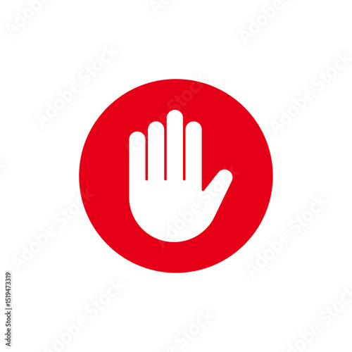 White hand icon in red circle, Stop Sign Symbol, Access Denied Warning, Halt Gesture Graphic, Minimalist Alert UI Element, vector illustration.