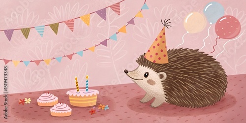 Celebration, happy birthday, Sylvester New Year's eve party, funny animal banner greeting card - Cute funny hedgehog with party hat on pink table background texture 