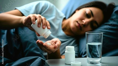 Patient Taking Medication: Woman in Bed Administering Medicine with a Glass of Water for Treatment