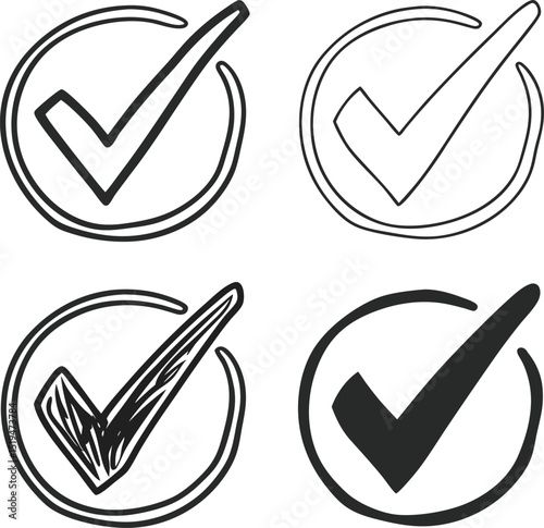 Hand Drawn Check Marks in Circles Different Styles and Fillings