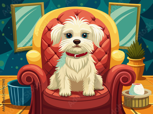 vector of A small white furry dog ​​is sitting on a cane armchair and staring forward.
