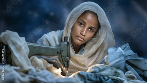 A young woman sewing in a fast fashion sweatshop