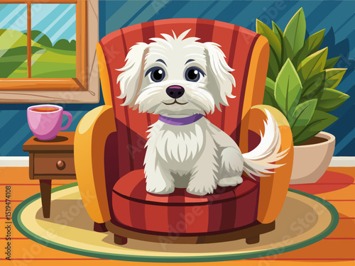vector of A small white furry dog ​​is sitting on a cane armchair and staring forward.