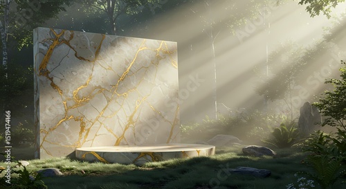 Elegant stone material surrounded by lush nature with golden veins in a serene forest setting