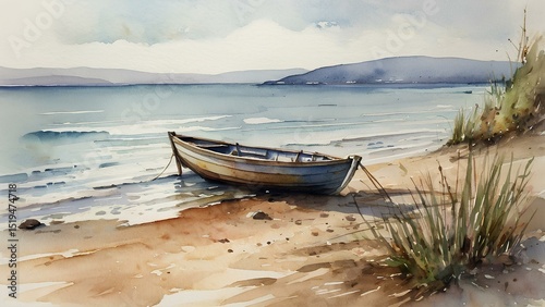 Watercolor painting of a wooden boat on the shore with a calm sea behind. Hand-painted style with soft colors, expressive brush strokes and coastal atmosphere