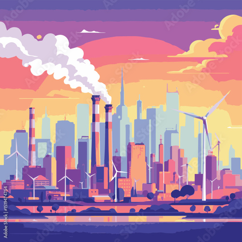 Industrial Cityscape with Pollution and Renewable Energy
