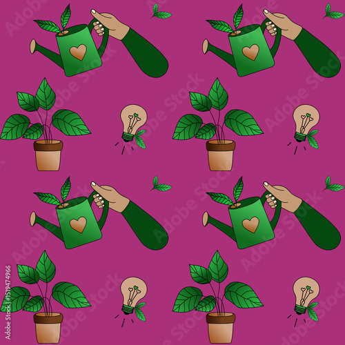 Bold seamless pattern with green plants, heart-decorated watering cans, hands, and eco bulbs on a magenta background. Ideal for notebooks, packaging, and lifestyle branding.

