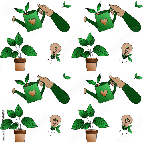 Seamless pattern with houseplants, hands watering with heart-decorated cans, and eco light bulbs. Ideal for eco-friendly textile, packaging, and gardening design.