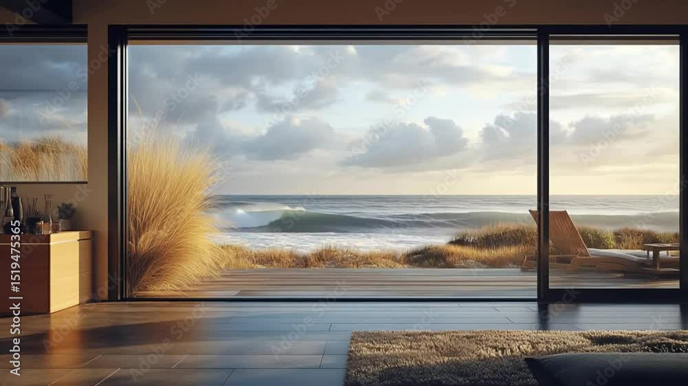 Luxurious ocean view house with modern design and beautiful seascape at sunset, relaxing scene