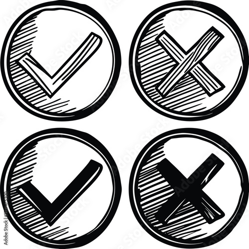 Hand Drawn Check and Cross Marks in Circles Black and White