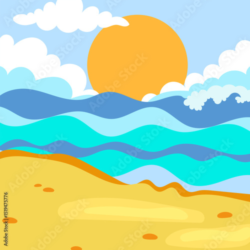 Vector landscape picture. Sun on the horizon behind the mountains. Sea, beach, sky and clouds