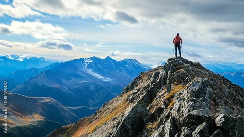 Adventurer conquering mountain peak with panoramic vista, embodying resilience and achieving goals