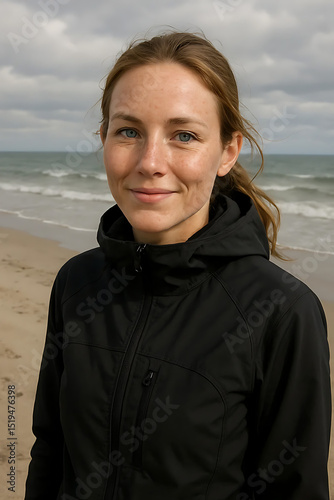 Smiling woman in black jacket looking at camera	