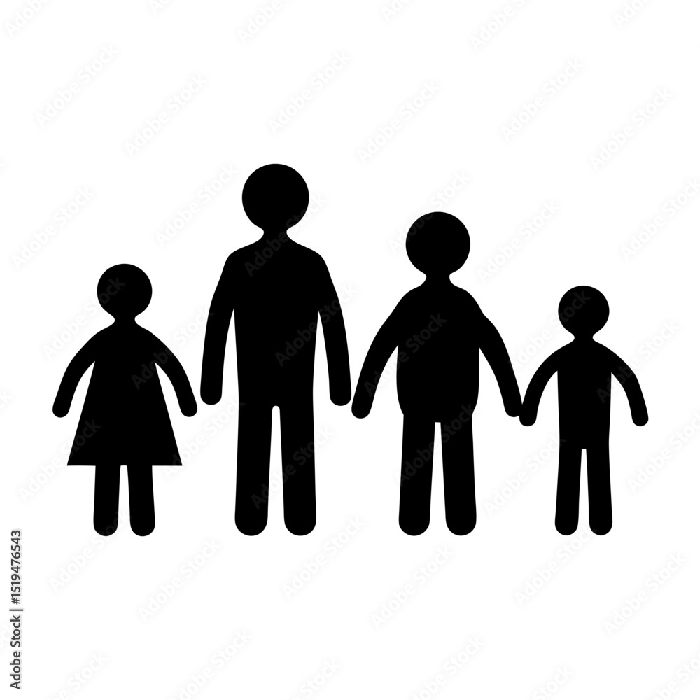 Silhouette of a family of four holding hands together in black Silhouette of a family of four holding hands together in black