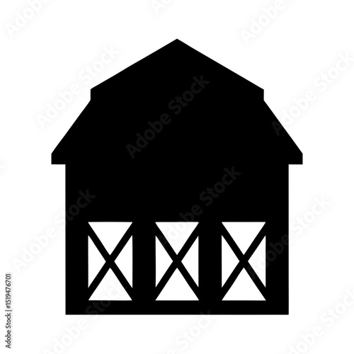 Simple black barn vector illustration with X patterned openings and gable roof