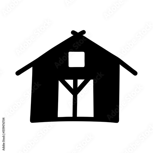 Simple black and white illustration of a barn or a house